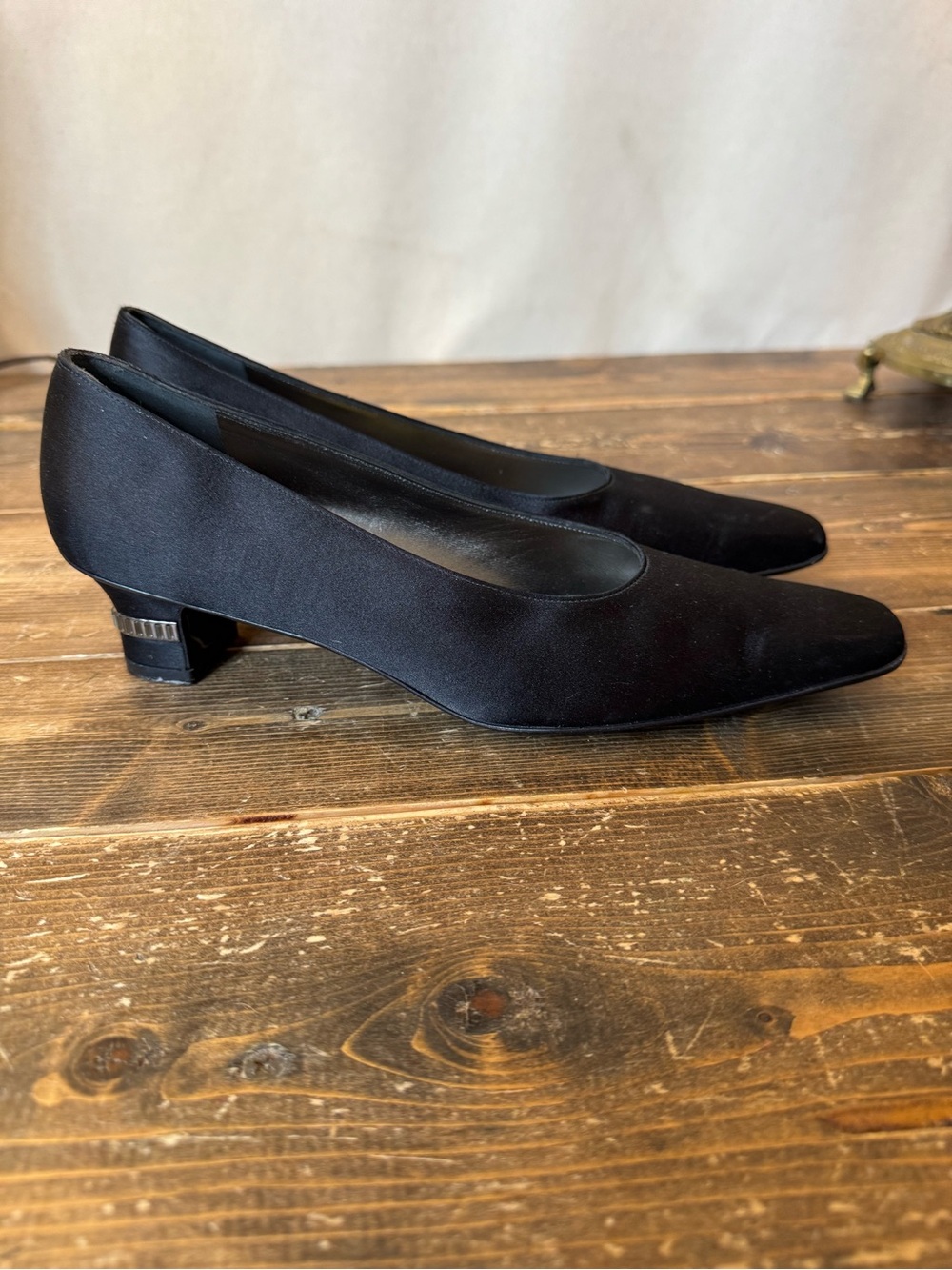Vintage Salvatore Ferragamo Black Satin Low Heel Pumps